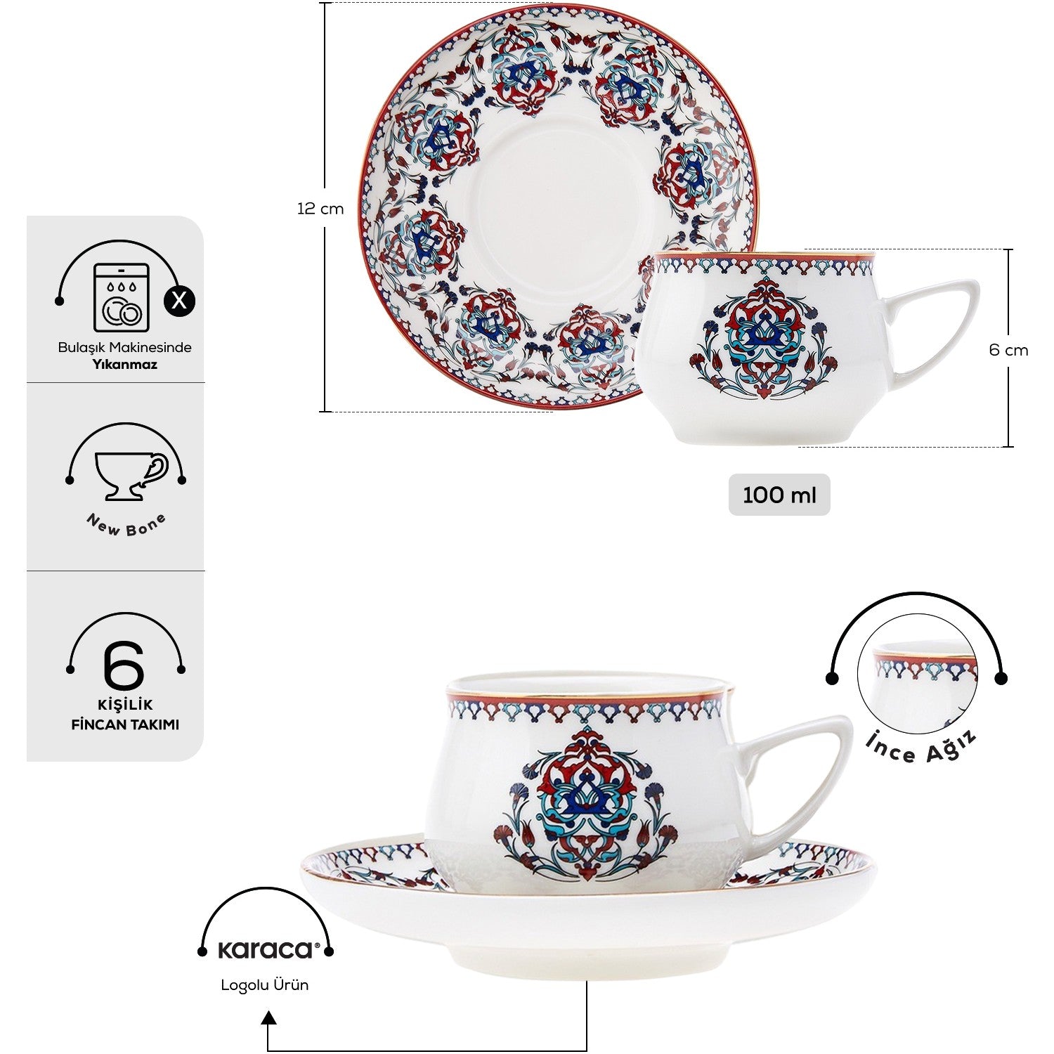 Karaca Nakkas Turkish Coffee Cup Set for 6, 100 ml - MALLTURK