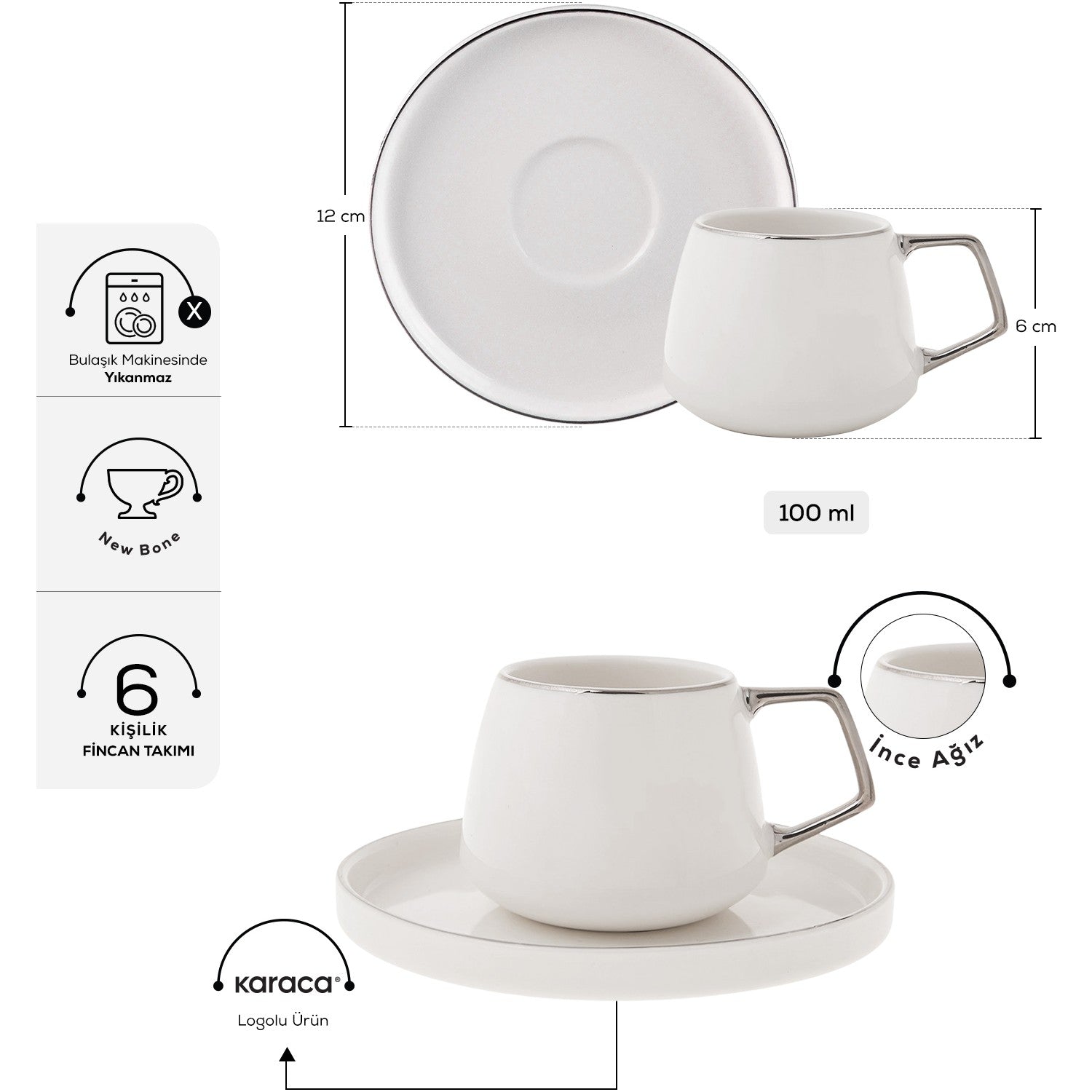 Karaca Saturn Platinum White Porcelain Turkish Coffee Cup Set for 6, 100 ml - MALLTURK