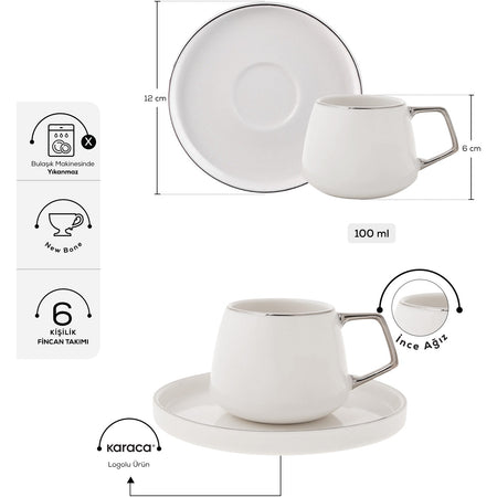 Karaca Saturn Platinum White Porcelain Turkish Coffee Cup Set for 6, 100 ml - MALLTURK