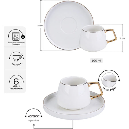 Karaca Saturn Gold Turkish Coffee Cup Set for 6, 100 ml - MALLTURK