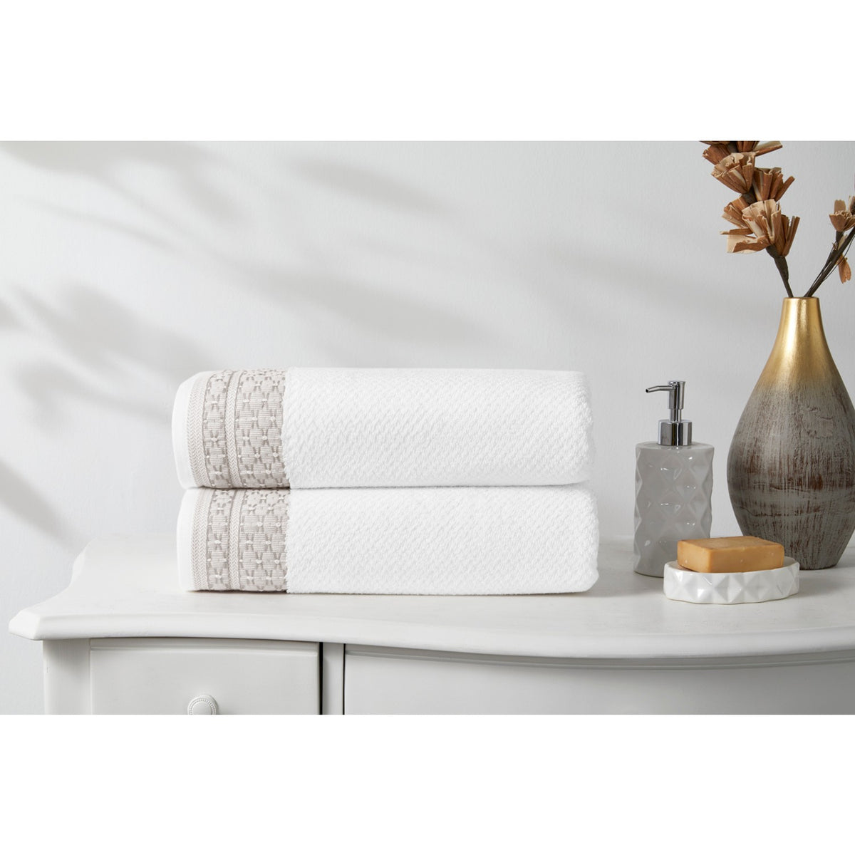 Ozdilek Strap Bath Towel 90x150 cm White - Beige - MALLTURK