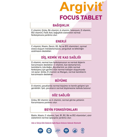Argivit Focus 3lu Paket L-Arjinin, Fosfotidilserin, Iron, Multivitamin and Multimineral with Tablet 30 Tablet - MALLTURK