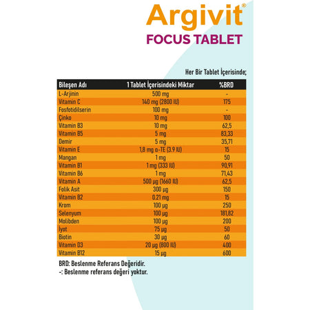 Argivit Focus 3lu Paket L-Arjinin, Fosfotidilserin, Iron, Multivitamin and Multimineral with Tablet 30 Tablet - MALLTURK
