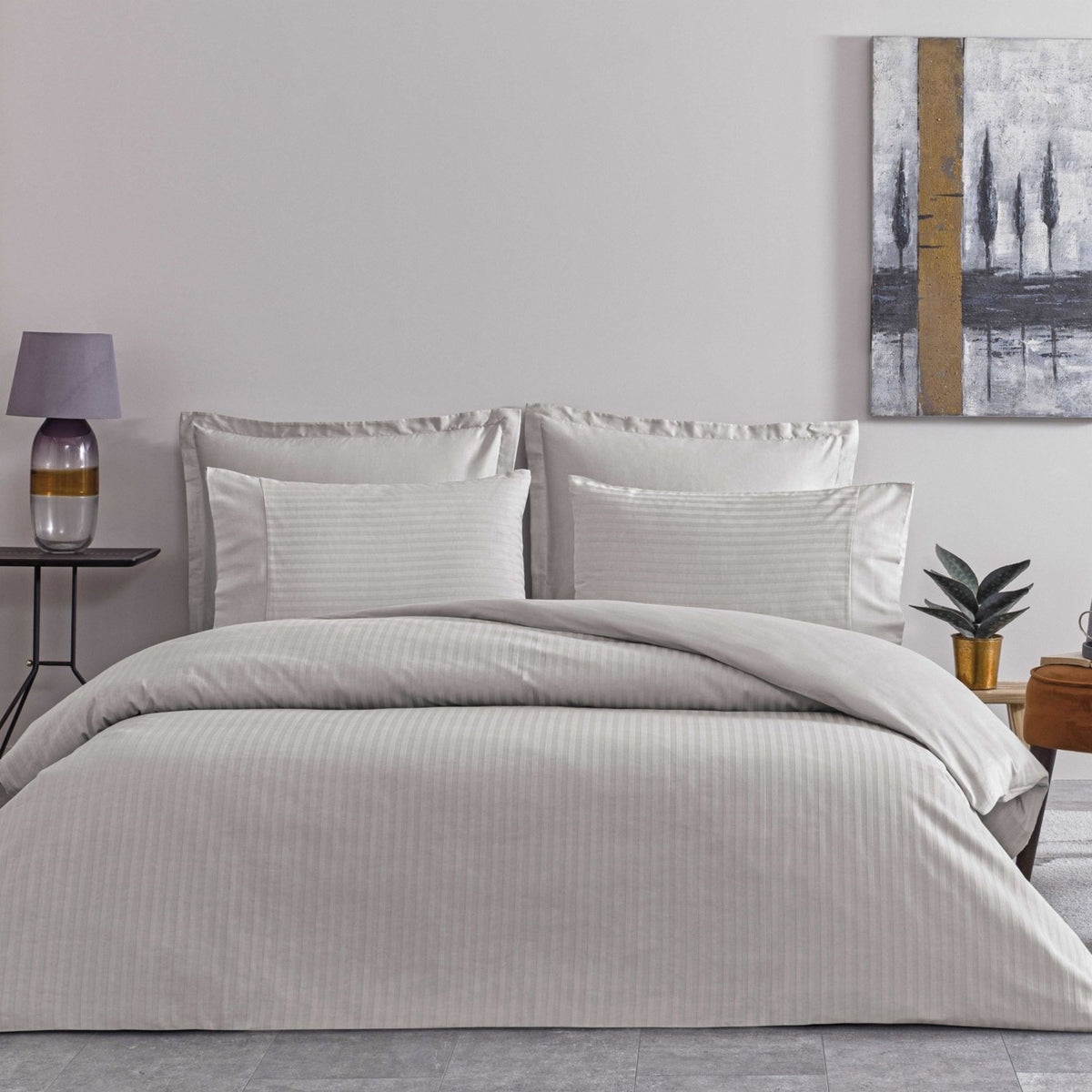 Tac Stripe Premium Basic Double Duvet Cover Set Gray - MALLTURK