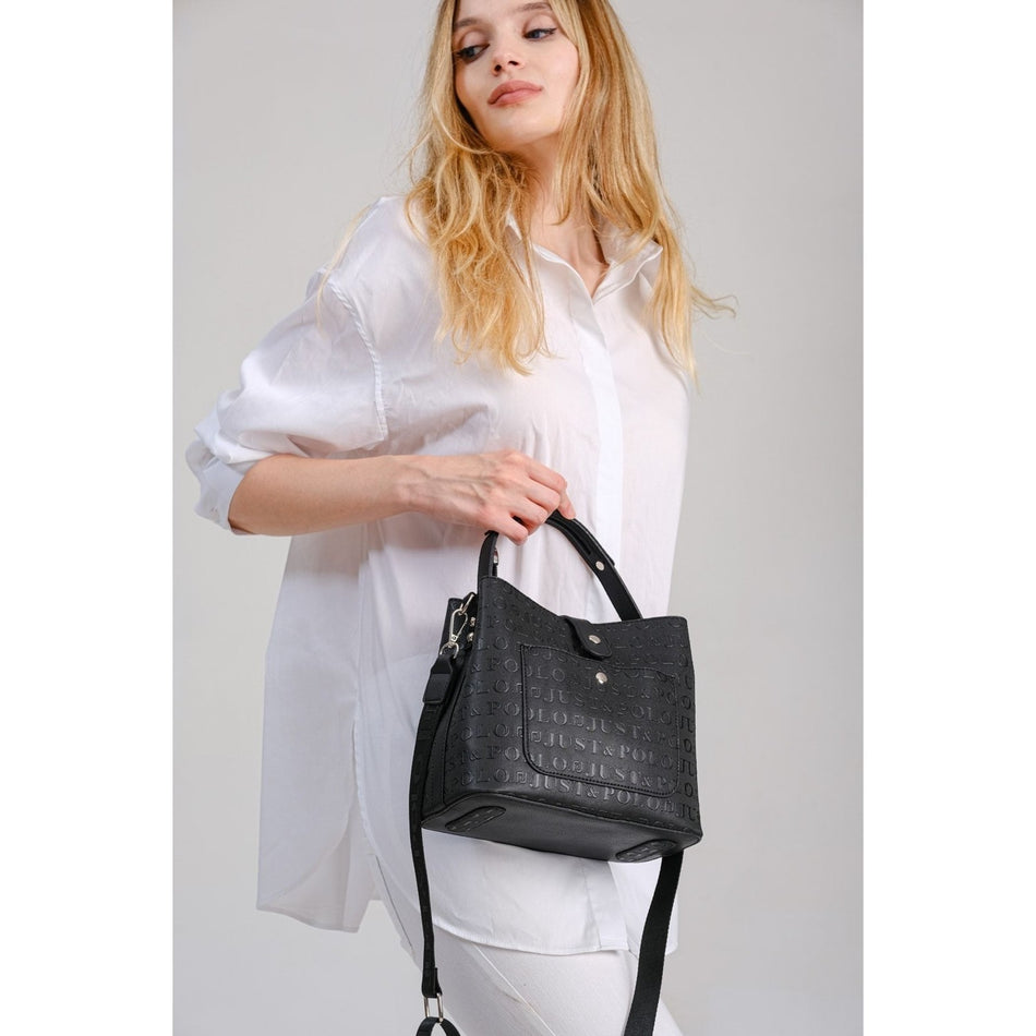 Just Polo Women's Embossed Print Vegan Shoulder and Handbag with Lock Detail JPM4002 Black Fashion Bag - MALLTURK