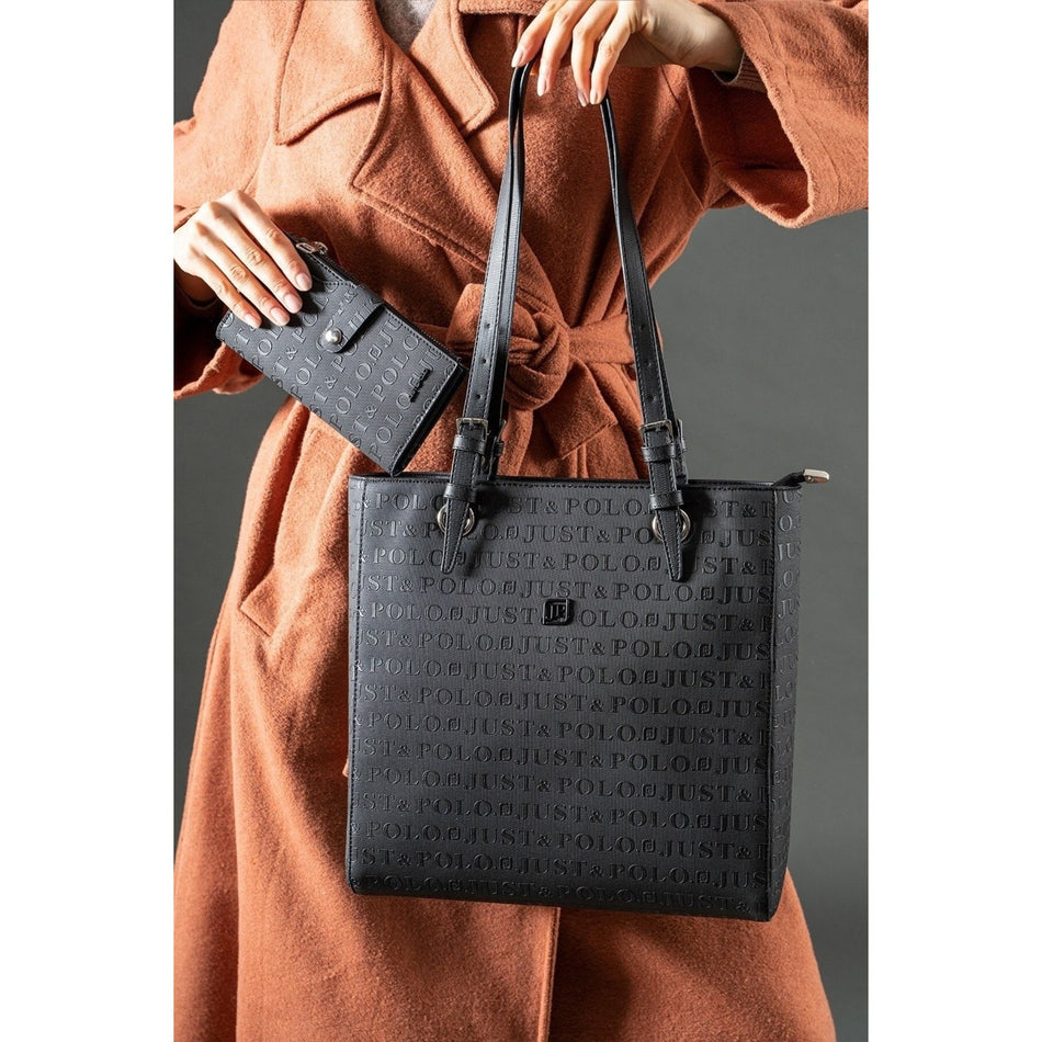 Just Polo Women's Embossed Print Oversized Shoulder Bag and Wallet Set JPM4067 Women's Bag Set - MALLTURK