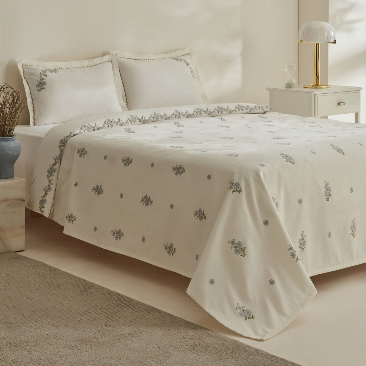 Karaca Home Vanes Double Embroidered Duvet Cover and Pique Set Blue - MALLTURK