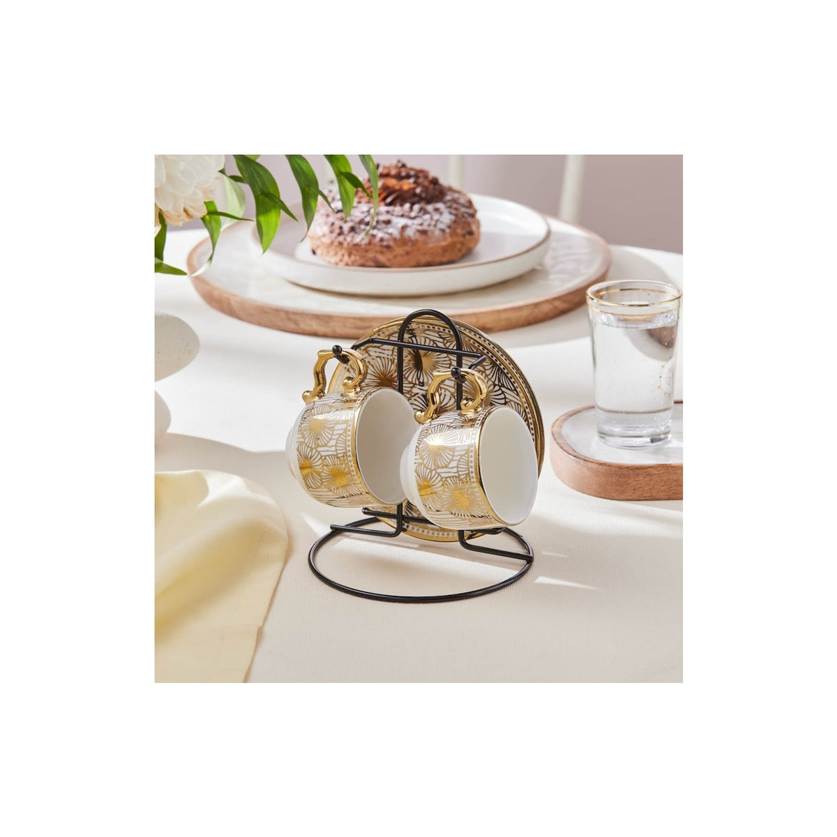 Karaca Anemon 5-Piece Bone Turkish Coffee Cup Set with Stand for 2, 80 ml - MALLTURK