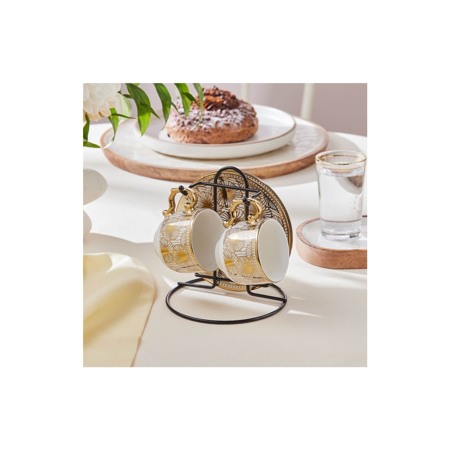 Karaca Anemon 5-Piece Bone Turkish Coffee Cup Set with Stand for 2, 80 ml - MALLTURK
