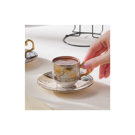 Karaca Anemon 5-Piece Bone Turkish Coffee Cup Set with Stand for 2, 80 ml - MALLTURK