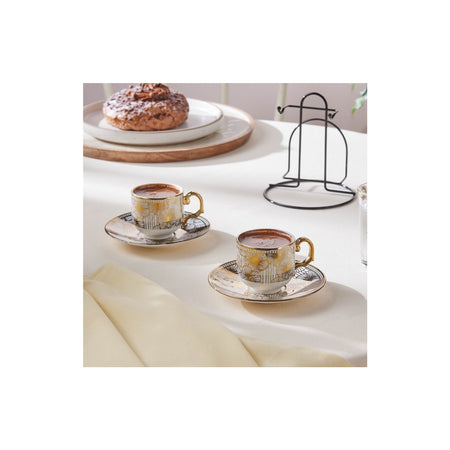 Karaca Anemon 5-Piece Bone Turkish Coffee Cup Set with Stand for 2, 80 ml - MALLTURK