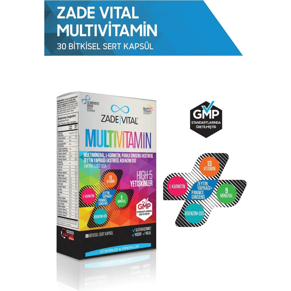 Zade Vital 30 Bitkisel Capsule Multivitamin Dietary Supplement Iceriginde L-Karnitin and Panax Ginseng - MALLTURK