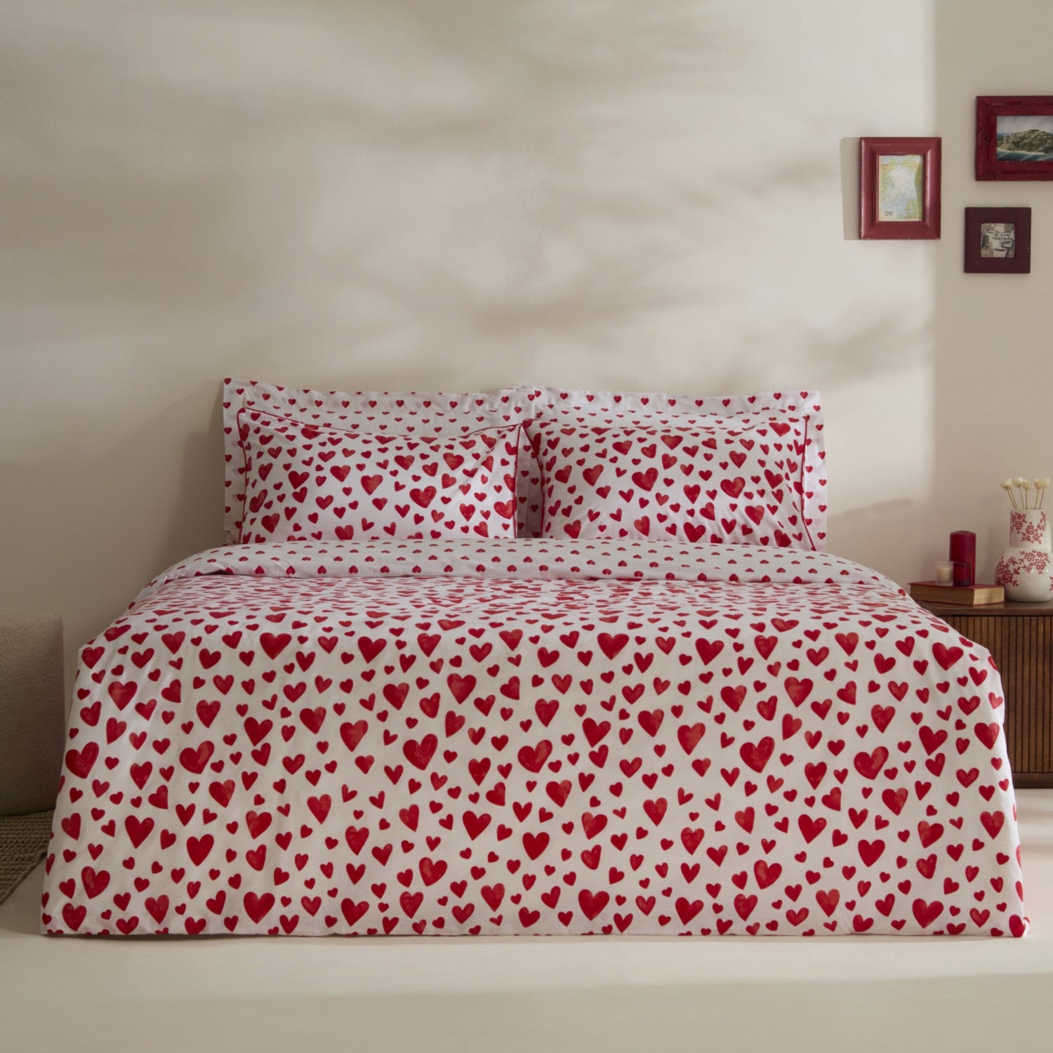 Karaca Home Amour Bliss Kalp Patterned %100 Cotton Double Duvet Cover Set Red - MALLTURK