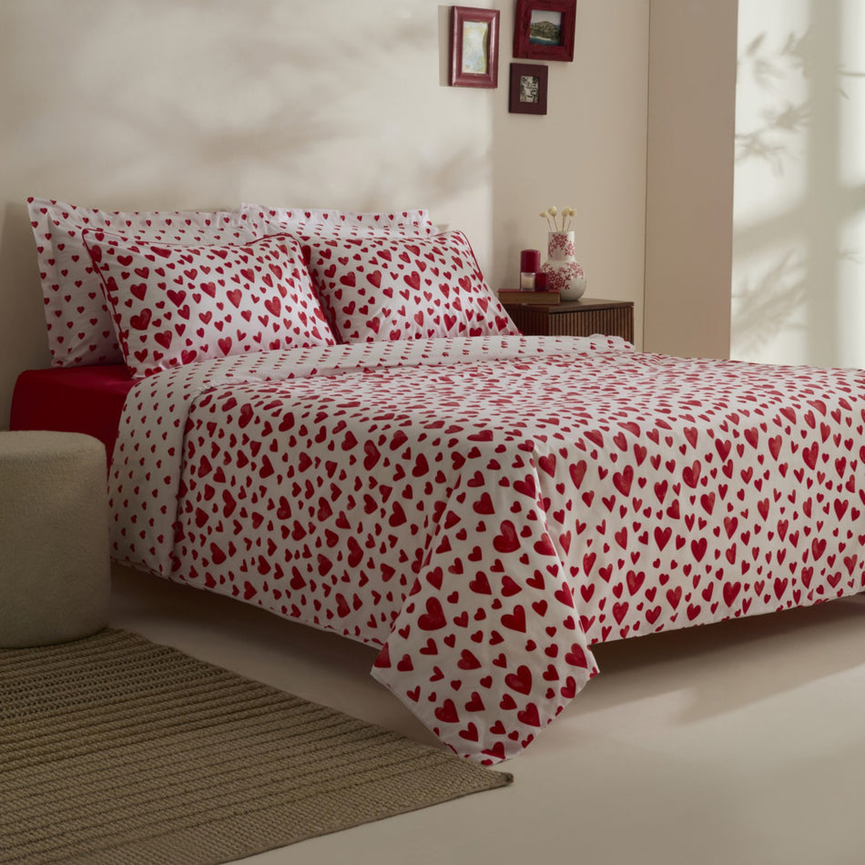 Karaca Home Amour Bliss Kalp Patterned %100 Cotton Double Duvet Cover Set Red - MALLTURK