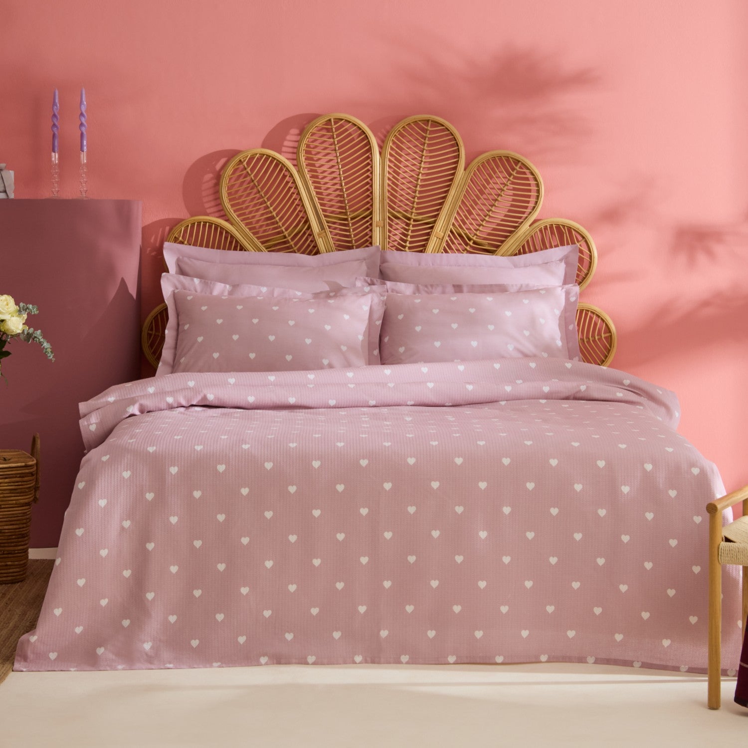 Karaca Home Amour Heart Pattern 100% Cotton Double Bed Quilt Set Pink - MALLTURK