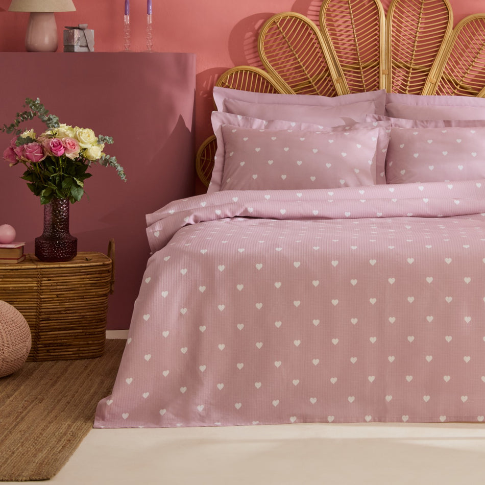 Karaca Home Amour Heart Pattern 100% Cotton Double Bed Quilt Set Pink - MALLTURK
