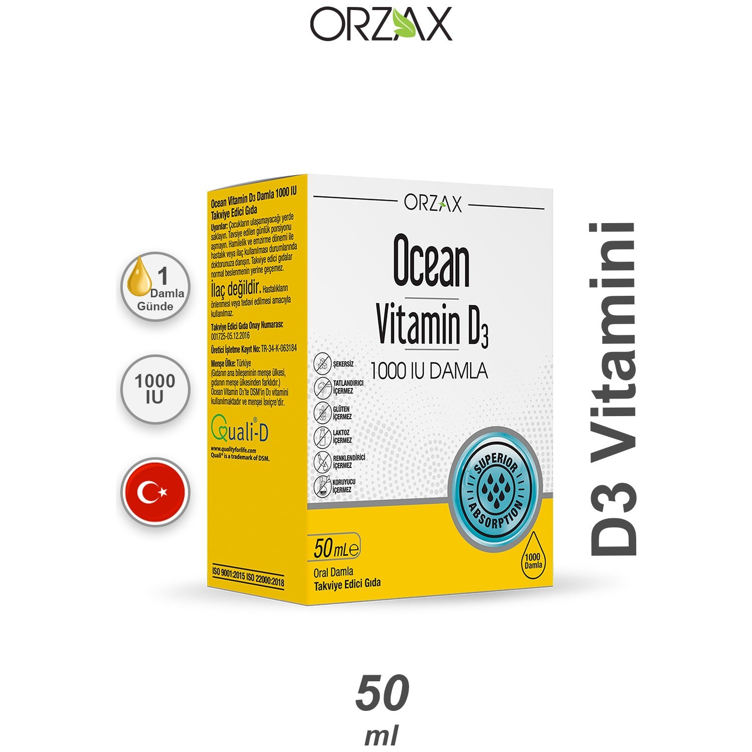 Orzax Ocean Vitamin D3 1000 IU Drops 50 ml Sivi Icerikli Pratik Sise Turkey Origin - MALLTURK