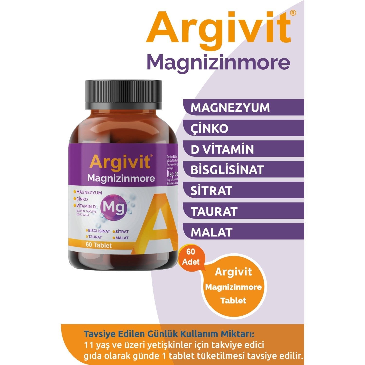 Argivit Magnizinmore Magnesium, Zinc and Vitamin D with Dietary Supplement 60 Tablet - MALLTURK
