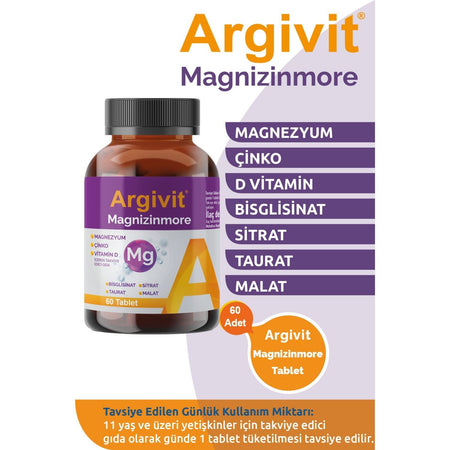 Argivit Magnizinmore Magnesium, Zinc and Vitamin D with Dietary Supplement 60 Tablet - MALLTURK
