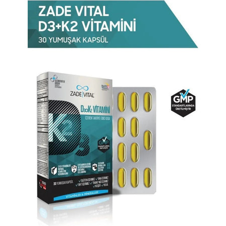 Zade Vital D3+K2 (MK7) Vitamin - Dogal Icerikli, Immune Support Destekleyici Softgel, 30 Pieces - MALLTURK