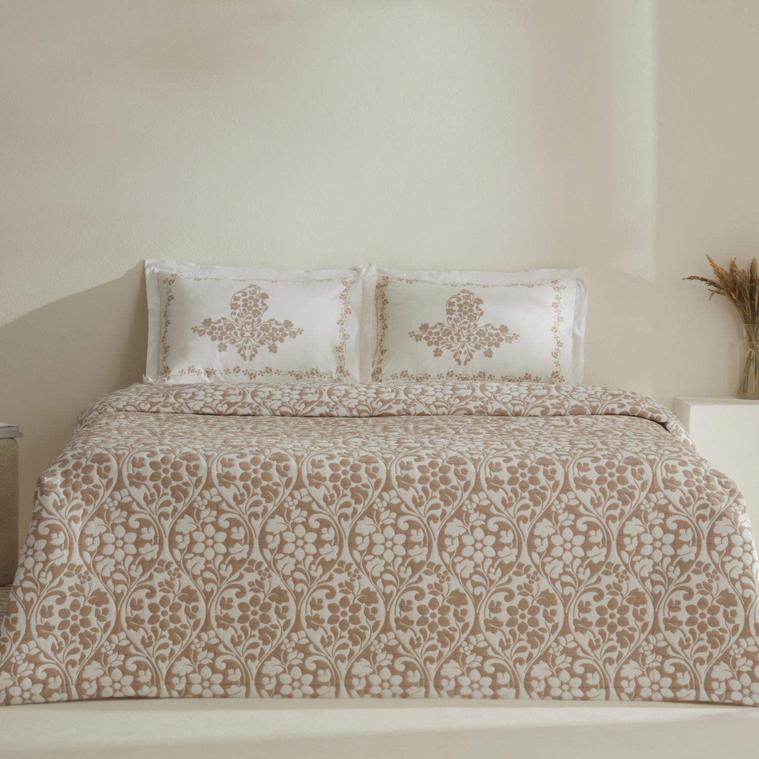 Karaca Home Tiara Beige Double Bedspread Set with Embroidered Cotton Fabric and Pillows - MALLTURK