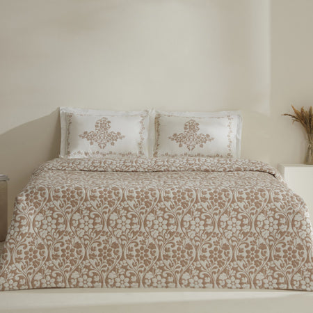 Karaca Home Tiara Beige Double Bedspread Set with Embroidered Cotton Fabric and Pillows - MALLTURK