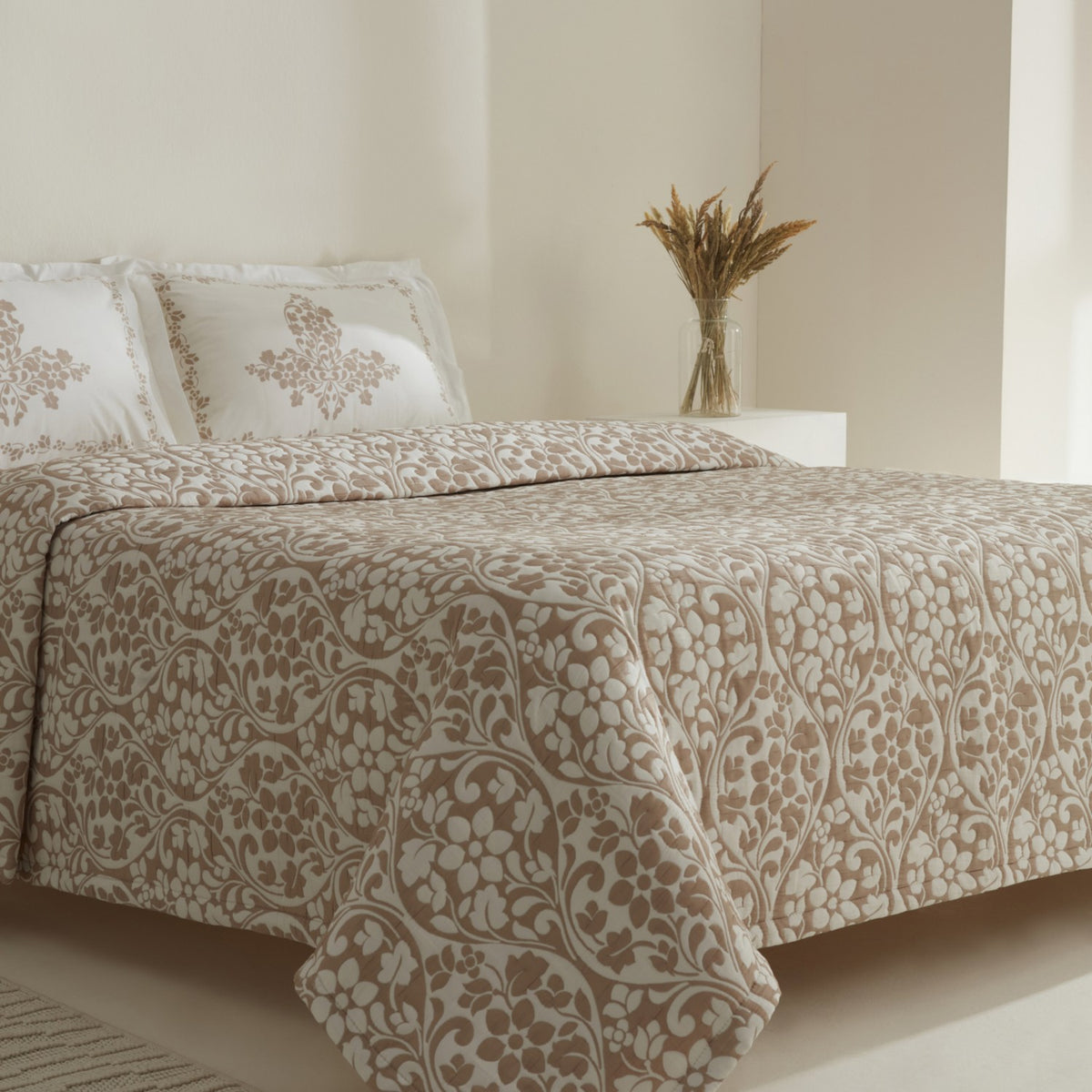 Karaca Home Tiara Beige Double Bedspread Set with Embroidered Cotton Fabric and Pillows - MALLTURK