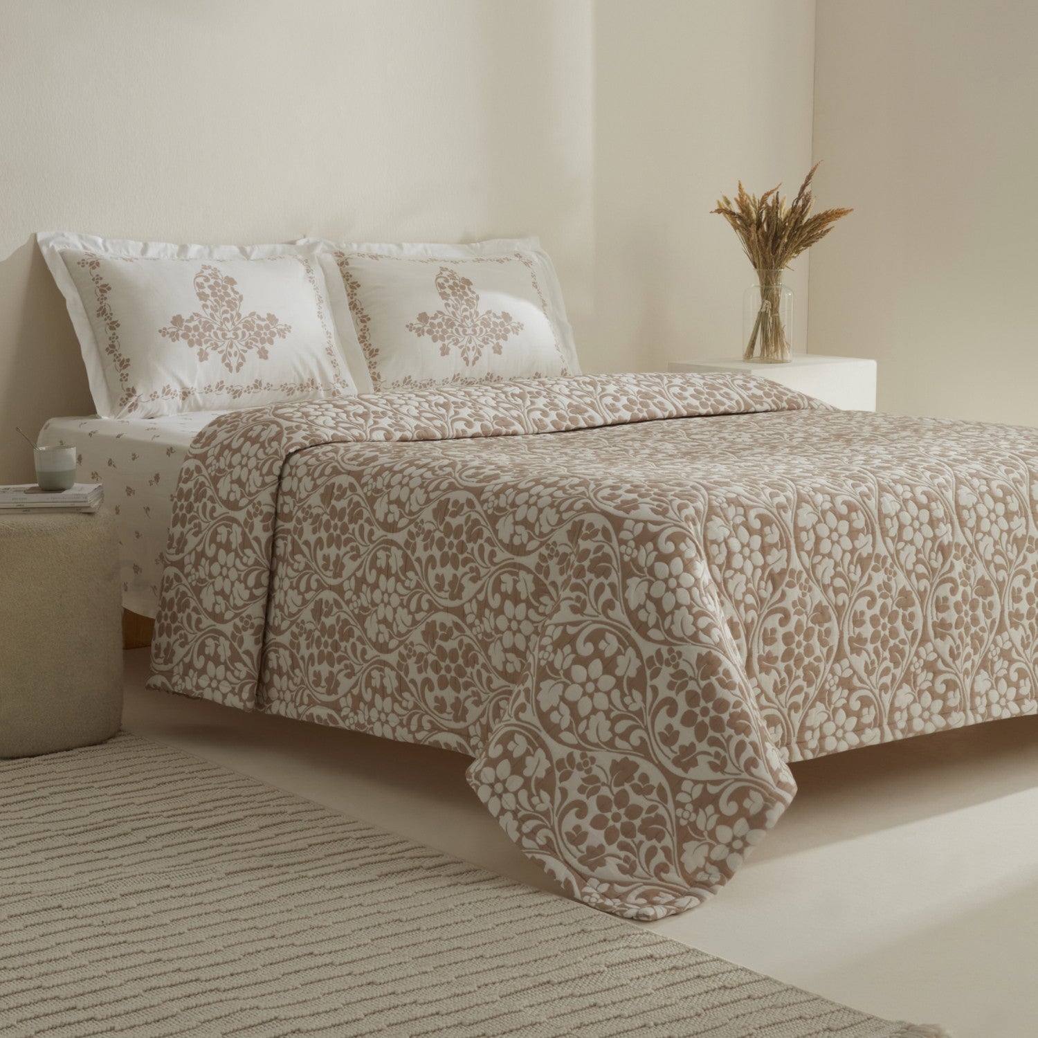 Karaca Home Tiara Beige Double Bedspread Set with Embroidered Cotton Fabric and Pillows - MALLTURK