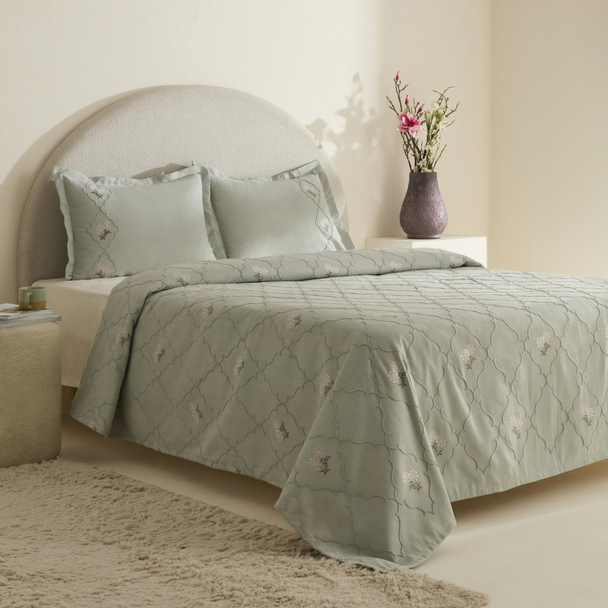 Karaca Home Myra Double Floral Bedspread Sage - MALLTURK