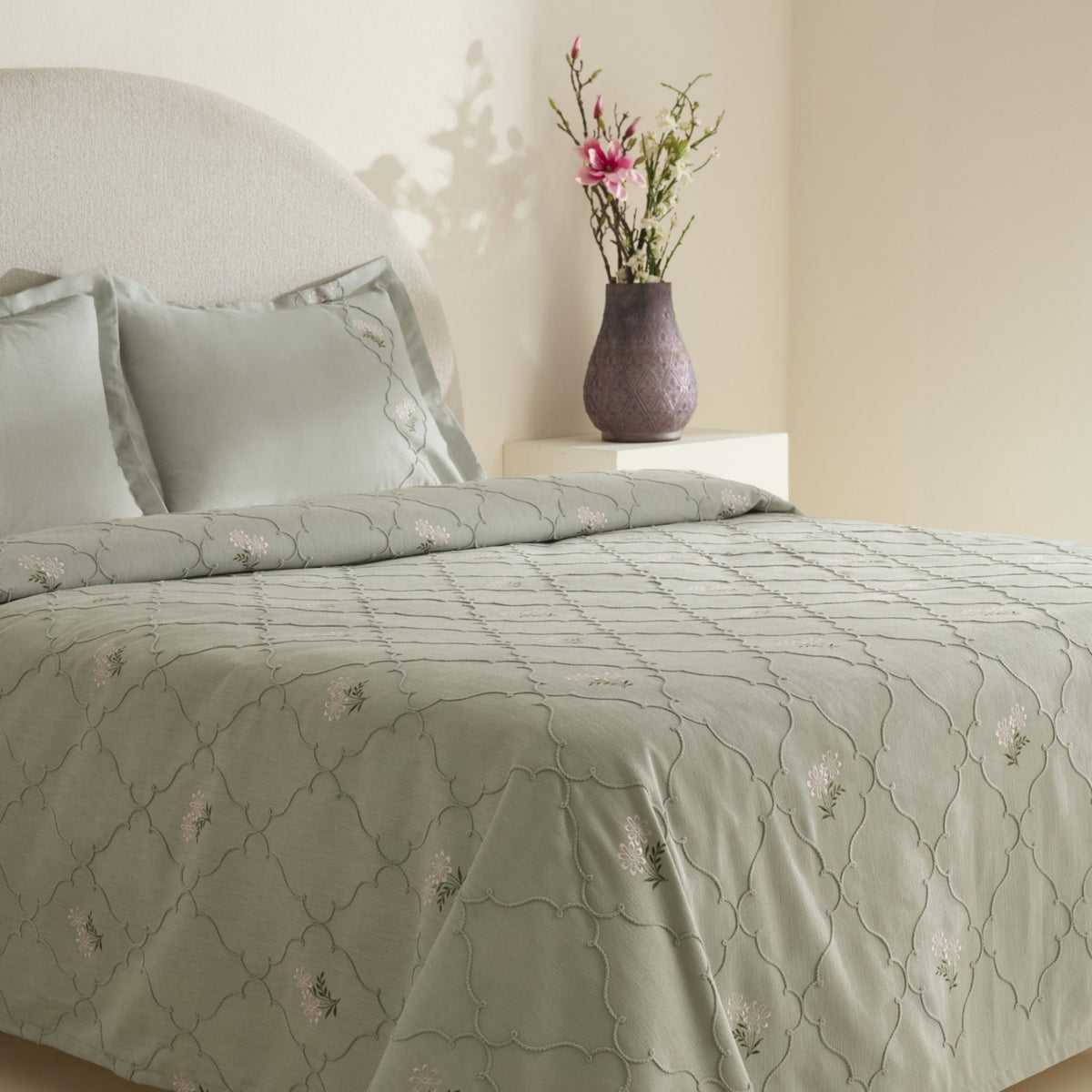 Karaca Home Myra Double Floral Bedspread Sage - MALLTURK