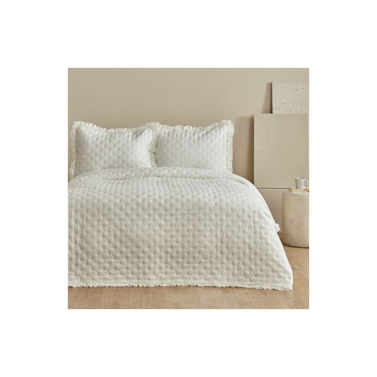 KaracaHome Viona Double Bedspread, Ecru, Cotton Polyester, Plain Theme, 240 x 260 cm - MALLTURK