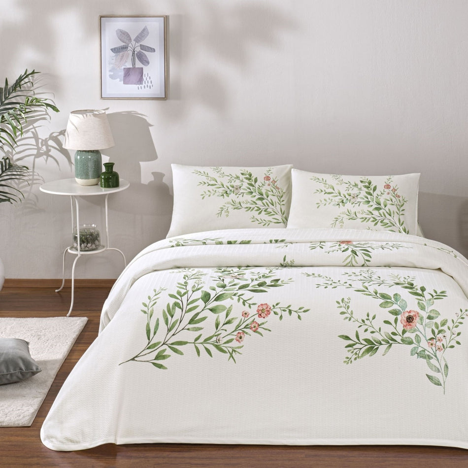 Tac Printed bloomy Double Pique Bedding Set Green - MALLTURK
