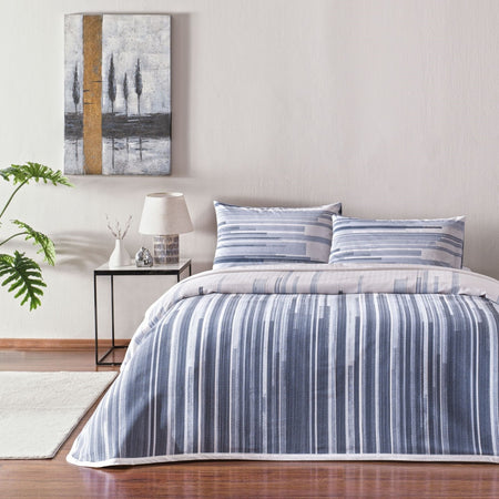 Tac Printed grid Double Pique Bedding Set Blue - MALLTURK