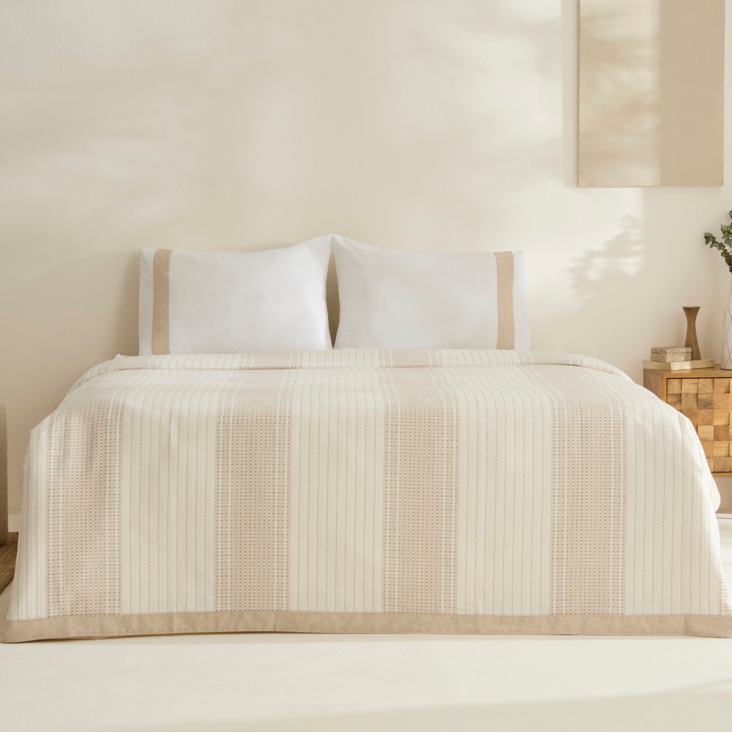 Karaca Home Rise 100% Cotton Linen Double Bed Quilted Bedding Set Beige - MALLTURK