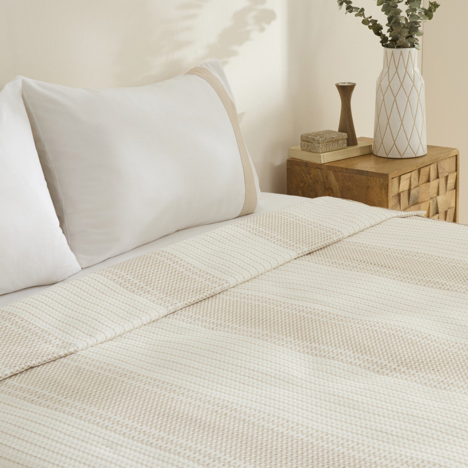 Karaca Home Rise 100% Cotton Linen Double Bed Quilted Bedding Set Beige - MALLTURK
