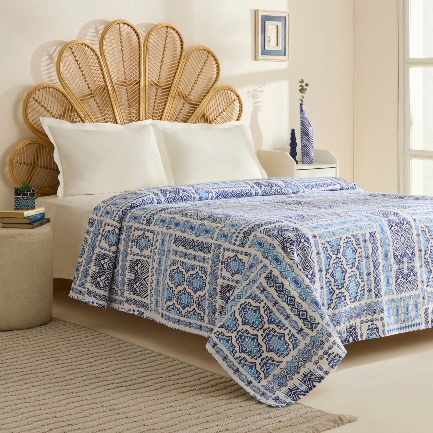 Karaca Home Lunara 100% Cotton Double Single Quilted Blanket Blue - MALLTURK
