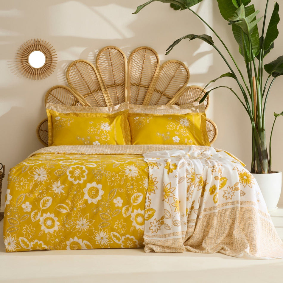 Karaca Home Vespera 100% Cotton Double Duvet Cover and Quilt Set Mustard - MALLTURK