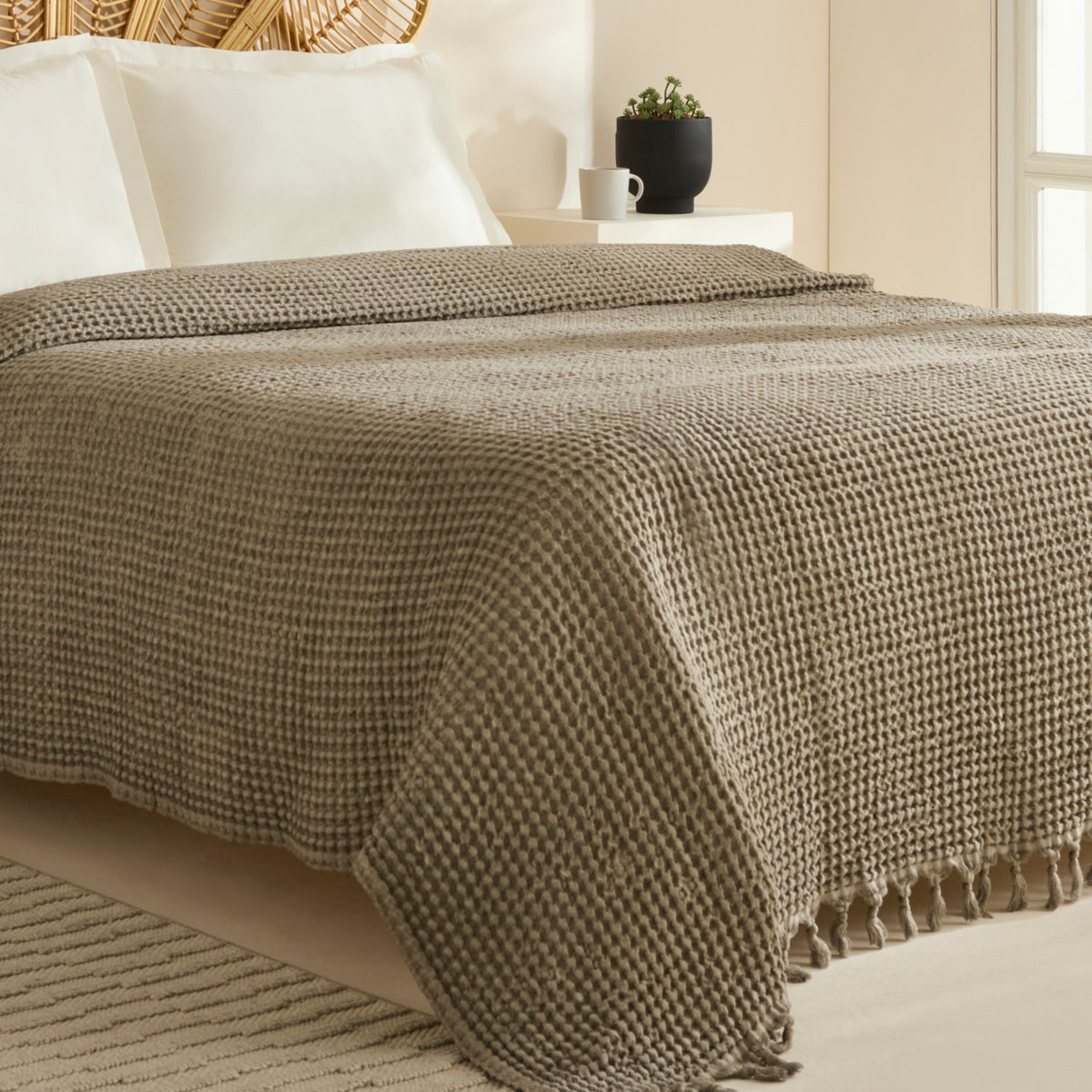 Karaca Home Mady 100% Cotton Waffle Double Single Quilted Bedspread Stone - MALLTURK