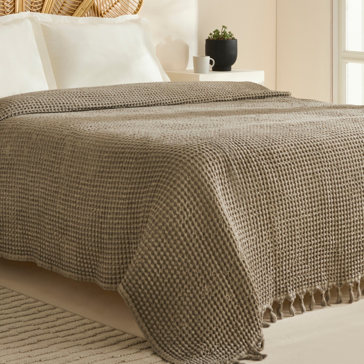 Karaca Home Mady 100% Cotton Waffle Double Single Quilted Bedspread Stone - MALLTURK