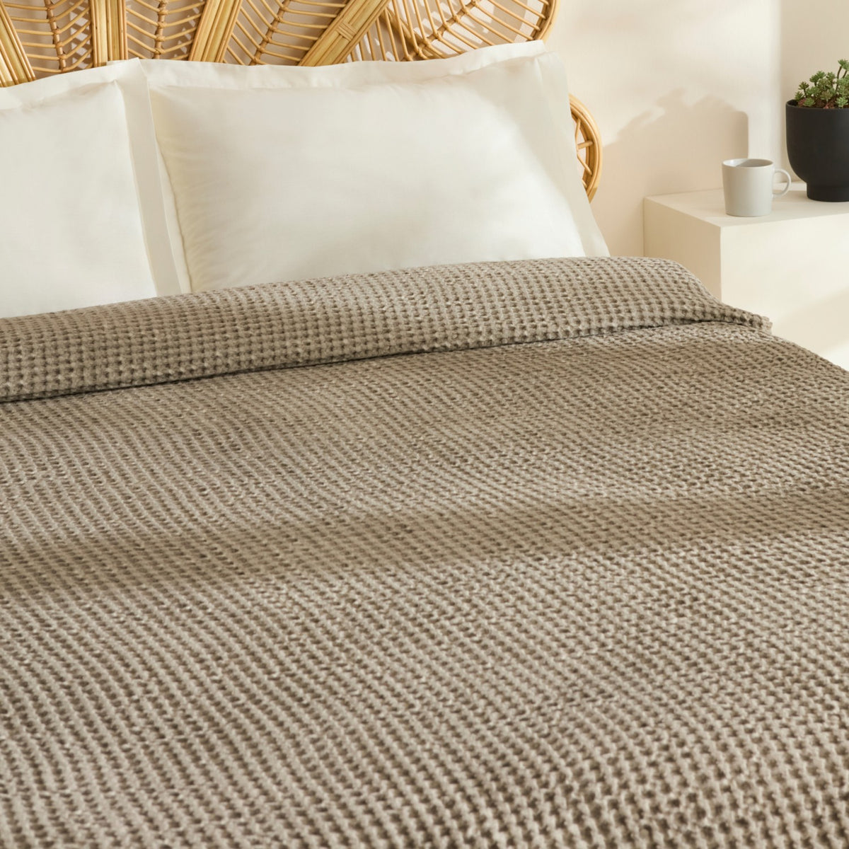 Karaca Home Mady 100% Cotton Waffle Double Single Quilted Bedspread Stone - MALLTURK