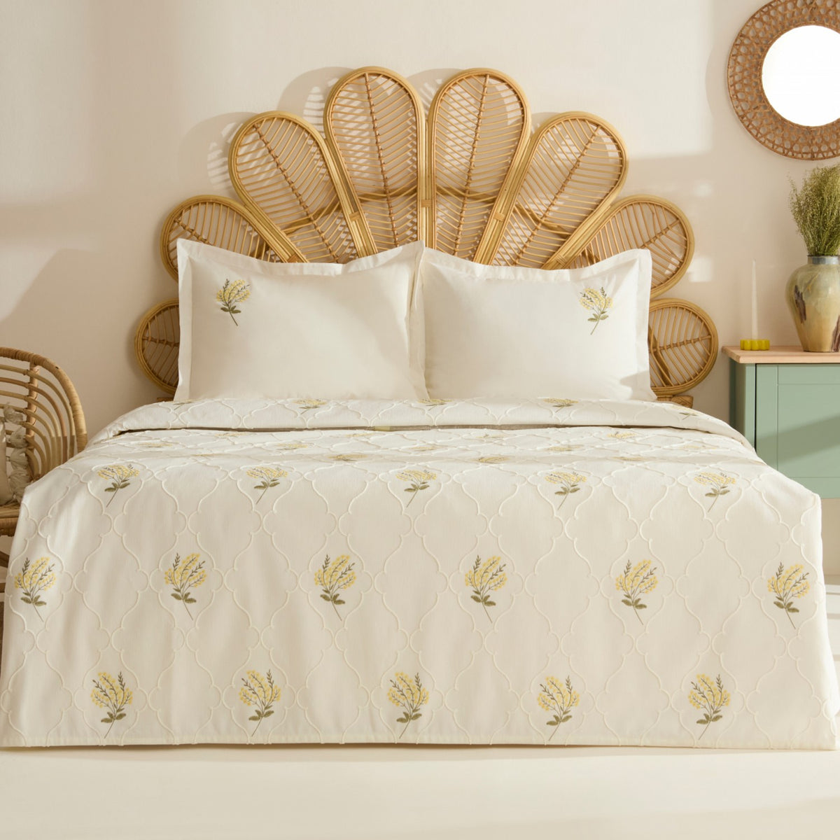 Karaca Home Shaela Floral Embroidered Double Bedspread/Quilt Set Yellow - MALLTURK