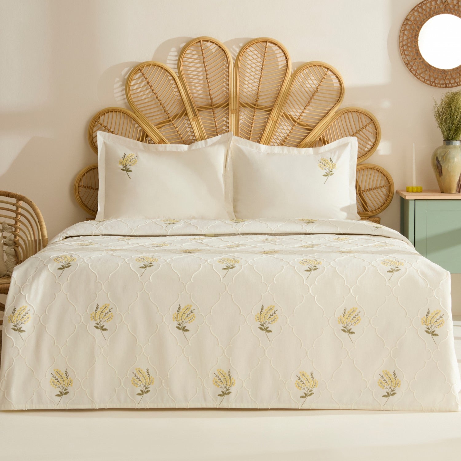 Karaca Home Shaela Floral Embroidered Double Bedspread/Quilt Set Yellow - MALLTURK