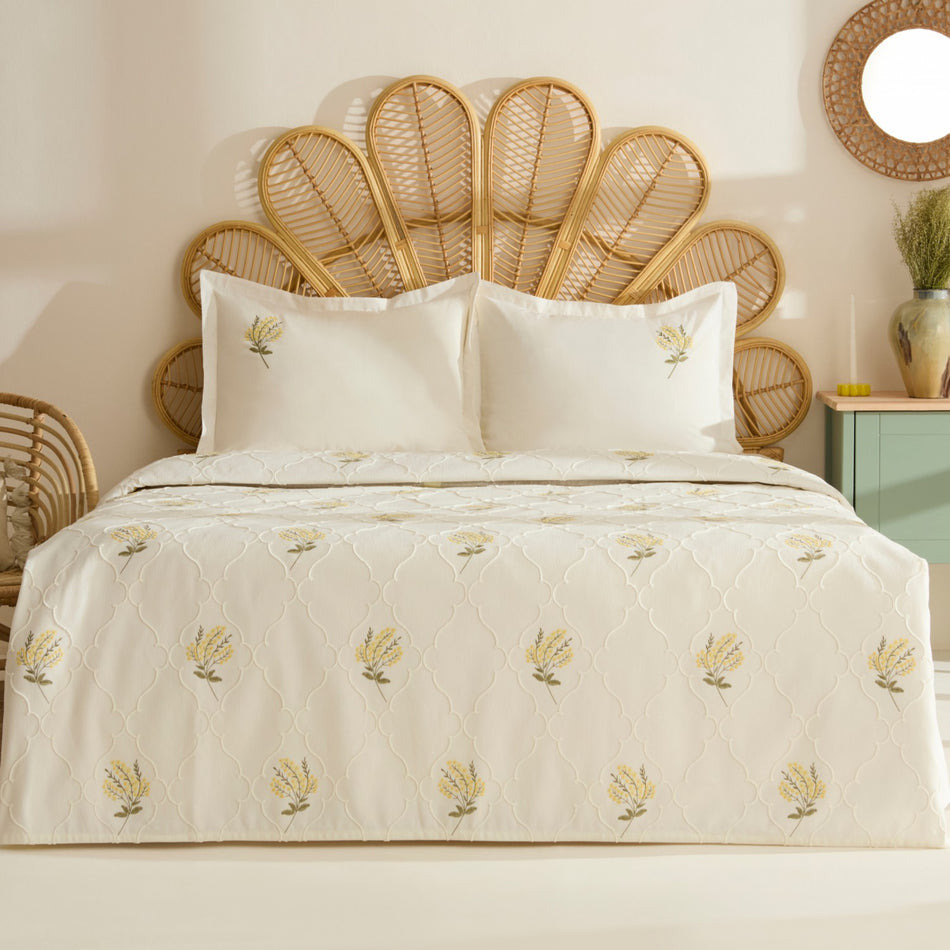Karaca Home Shaela Floral Embroidered Double Bedspread/Quilt Set Yellow - MALLTURK