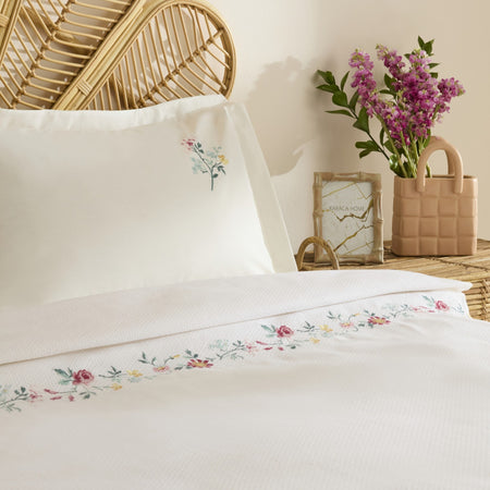Karaca Home Liana Floral Embroidered 100% Cotton Double Bed Quilt Set White - MALLTURK