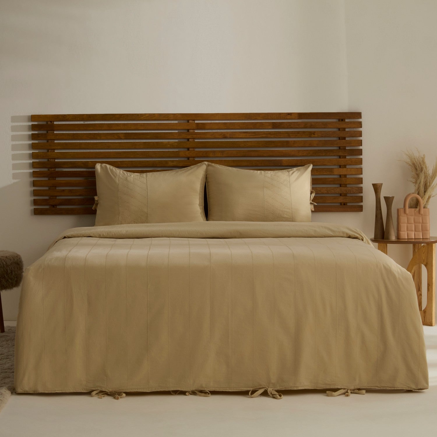 Karaca Home Carmine %100 Cotton Embroidered Buttoned Garment Washed Double Duvet Cover Set Beige