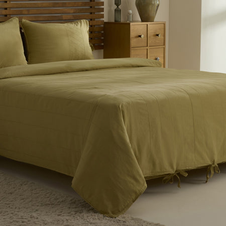 Karaca Home Carmine %100 Cotton Embroidered Buttoned Garment Washed Double Duvet Cover Set Green - MALLTURK