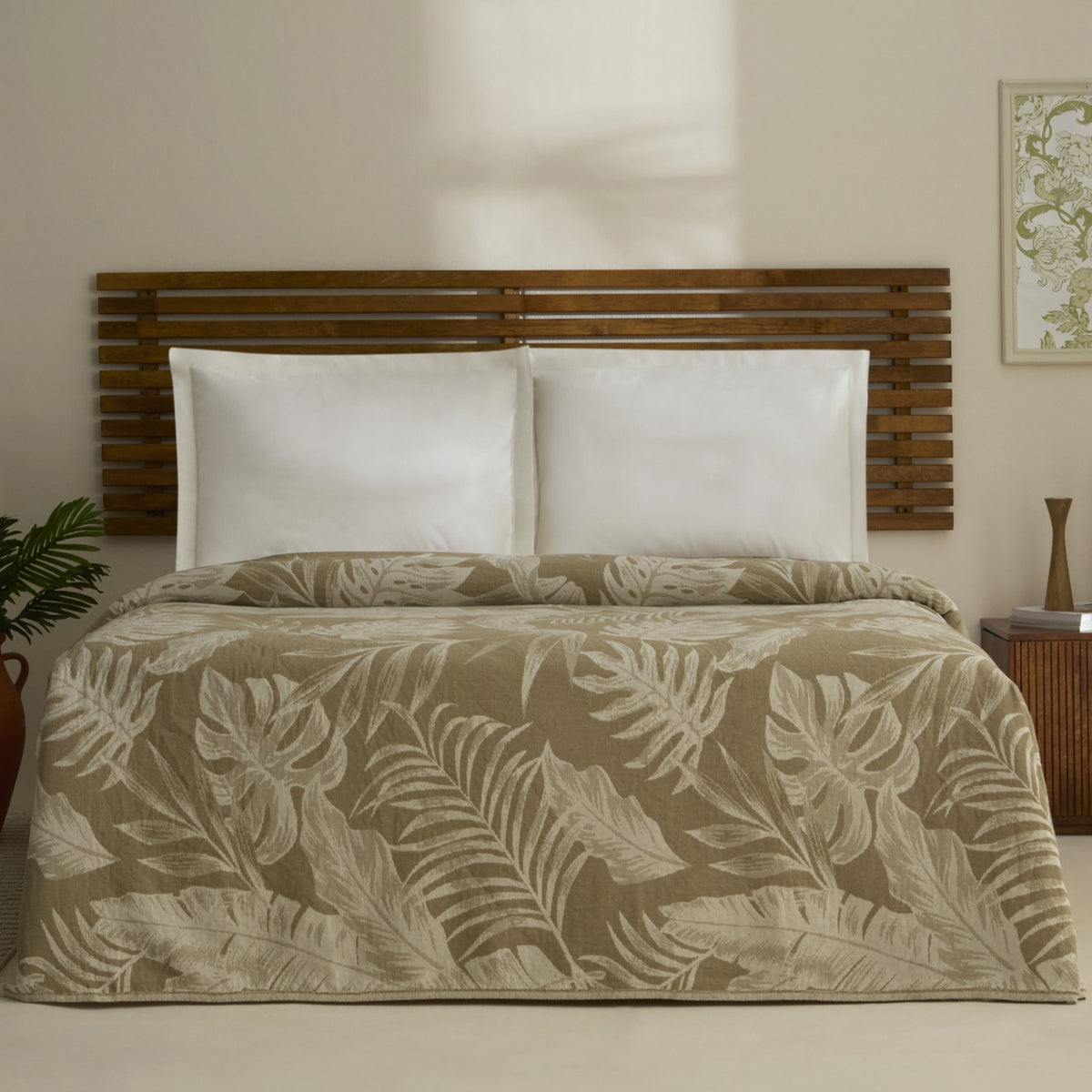 Karaca Home Leafy Sea Muslin Double Single Quilt Khaki - MALLTURK