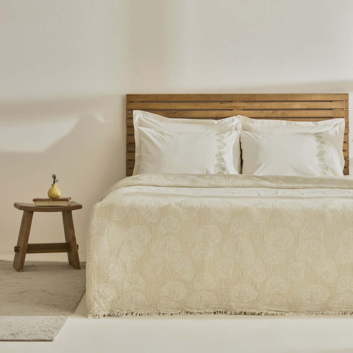 Karaca Home Ginkgo Leaf Muslin Embroidered Double Bed Quilt Set, Sage - MALLTURK