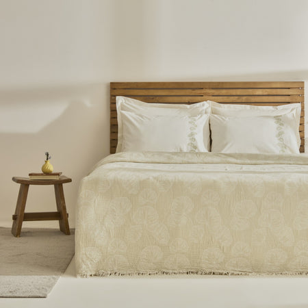 Karaca Home Ginkgo Leaf Muslin Embroidered Double Bed Quilt Set, Sage - MALLTURK