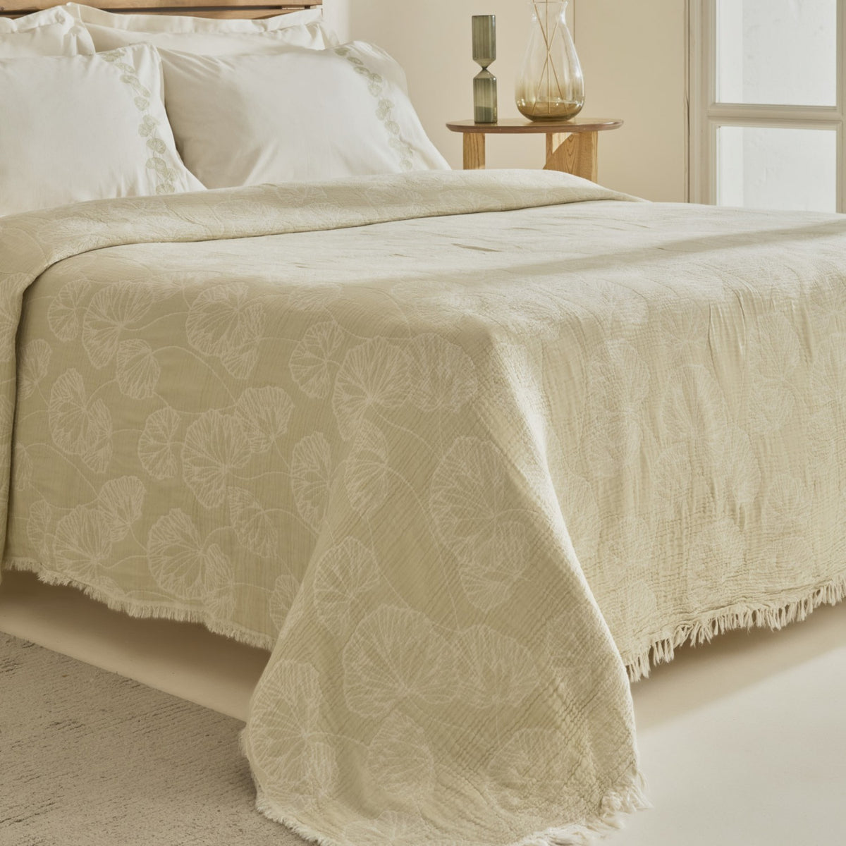Karaca Home Ginkgo Leaf Muslin Embroidered Double Bed Quilt Set, Sage - MALLTURK